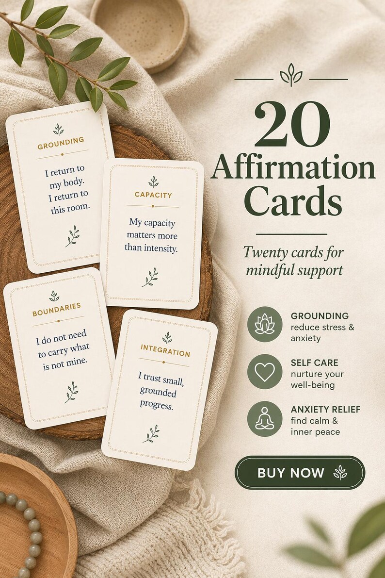 K&ouml;nnte beinhalten: Ein Set aus 20 Affirmationskarten aus cremefarbenem Papier mit dunkelgr&uuml;nem Text. Jede Karte zeigt ein spezifisches Thema wie Erdung, Kapazit&auml;t, Grenzen oder Integration, begleitet von einem kurzen Satz und einem kleinen Blattsymbol zur Unterst&uuml;tzung.