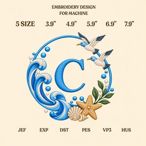 Diseño de bordado de letras personalizadas, alfabeto oceánico personalizado, archivo de bordado a máquina de monograma náutico