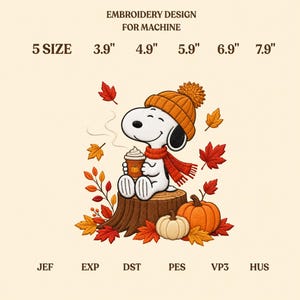 May include: An embroidery design for machine featuring a white dog wearing an orange knit hat and red scarf, sitting on a tree stump holding a cup. Text reads EMBROIDERY DESIGN FOR MACHINE, 5 SIZE, 3.9", 4.9", 5.9", 6.9", 7.9", JEF, EXP, DST, PES, VP3, HUS.