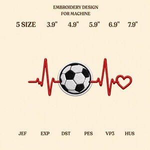 Soccer Heartbeat Embroidery Design, Soccer Ball ECG Love Heart Machine Embroidery Digital File