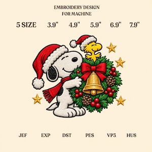 May include: Machine embroidery design featuring Snoopy and Woodstock wearing Santa hats, holding a Christmas wreath with a gold bell, red bow, and pinecones. Text reads EMBROIDERY DESIGN FOR MACHINE, 5 SIZE 3.9" 4.9" 5.9" 6.9" 7.9", JEF EXP DST PES VP3 HUS.