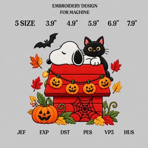 May include: Machine embroidery design featuring a white dog and black cat resting on a red doghouse. The scene includes a string of jack-o'-lantern lights, a large orange pumpkin, a spiderweb, and autumn leaves. Text includes 5 sizes: 3.9", 4.9", 5.9", 6.9", 7.9", and file formats JEF, EXP, DST, PES, VP3, HUS.