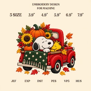 May include: Machine embroidery design featuring a red pickup truck carrying pumpkins, sunflowers, and autumn leaves. A white dog and a yellow bird are resting in the truck bed, which is covered by a green polka-dot blanket. Text includes 5 sizes: 3.9", 4.9", 5.9", 6.9", 7.9", and file formats JEF, EXP, DST, PES, VP3, HUS.
