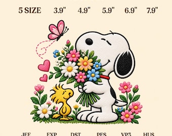 Puede incluir: Diseño de bordado a máquina con un perro blanco sosteniendo un ramo de flores coloridas, un pájaro amarillo, una mariposa rosa y corazones. Texto: EMBROIDERY DESIGN FOR MACHINE, 5 SIZE, 9,9 cm, 12,4 cm, 15,0 cm, 17,5 cm, 20,1 cm, JEF, EXP, DST, PES, VP3, HUS.