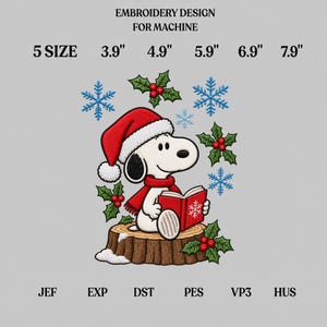 May include: Machine embroidery design featuring a white cartoon dog wearing a red Santa hat and scarf, reading a red book on a tree stump. Surrounded by blue snowflakes and green holly with red berries. Text includes 5 sizes: 3.9", 4.9", 5.9", 6.9", 7.9".