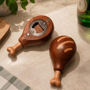 May include: Two wooden bottle openers shaped like chicken drumsticks. One opener features a dark brown wood finish with a metal bottle opening mechanism secured by screws. The other is a solid dark brown wooden drumstick with light wood accents.