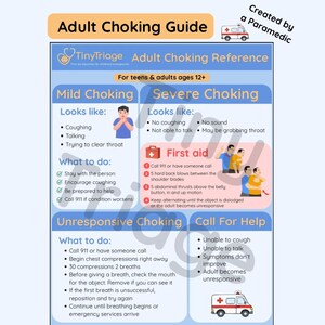 Guía completa sobre cómo actuar en caso de asfixia en adultos / Póster de emergencia imprimible para familias, centros comerciales, piscinas, restaurantes, iglesias y escuelas / Guía digital de primeros auxilios