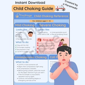Puede incluir: Un póster educativo digital titulado Child Choking Guide para niños de 1 a 12 años. Incluye secciones sobre asfixia leve, grave e inconsciente con instrucciones sobre qué hacer, incluyendo golpes en la espalda, compresiones abdominales y torácicas.
