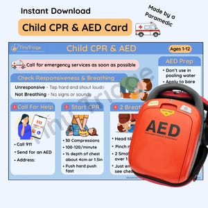 Puede incluir: Una tarjeta digital de instrucciones de RCP y DEA para niños con guía de emergencia paso a paso para edades de 1 a 12 años, incluyendo llamar a emergencias, 30 compresiones y 2 respiraciones, junto a un dispositivo DEA rojo en primer plano.