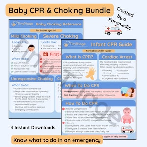 Puede incluir: Una guía de referencia educativa Baby CPR & Choking Bundle que consta de dos carteles en tonos azules. Los carteles incluyen instrucciones escritas para RCP y atragantamiento en bebés, ilustraciones de procedimientos de emergencia e iconos de ambulancia.
