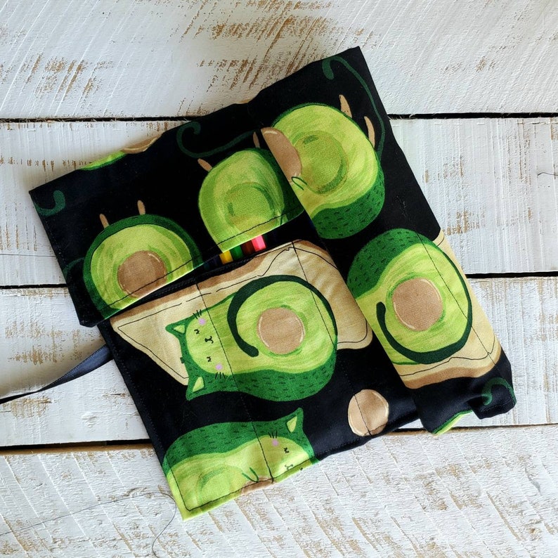 Avocado Cat Toast Roll Up PencilWriting Case Black and Green