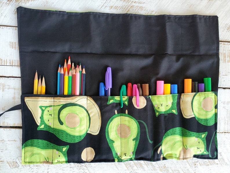 Avocado Cat Toast Roll Up PencilWriting Case Black and Green