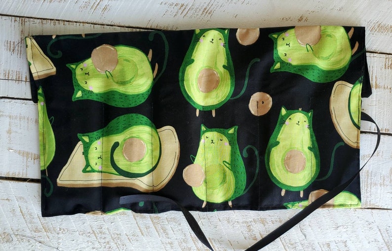 Avocado Cat Toast Roll Up PencilWriting Case Black and Green