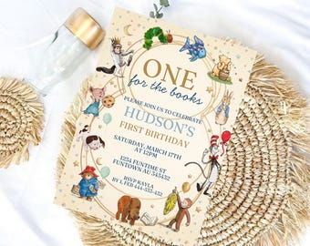 Geburtstagseinladung „Ein Buch fürs Leben“, Einladung zum ersten Geburtstag im Märchenbuch-Stil, bearbeitbare Canva-Vorlage für eine Party zum Thema Bücher