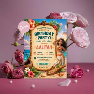May include: A rectangular birthday party invitation card featuring a tropical theme with a wooden frame, a cartoon character, and text including JOIN US TO CELEBRATE A VERY SPECIAL BIRTHDAY PARTY! HONORING AALIYAH, SATURDAY JUNE 21, 2025, 2:00 PM TO 5:00 PM.