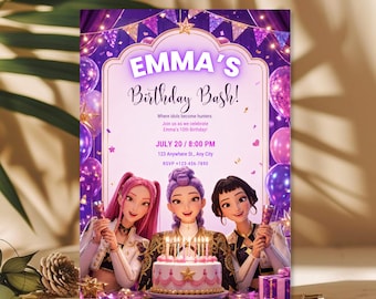 Invitación de cumpleaños de cazadores de demonios de K-Pop, invitación de fiesta Huntrix Gold White, plantilla editable de Canva para cumpleaños de chica K-Pop