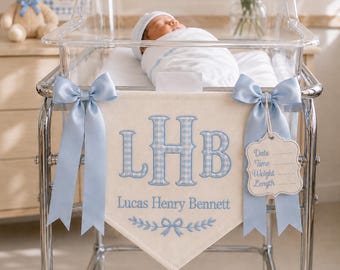 Embroidered Baby Banner, Monogram Hospital Sign, Birth Stats Tag, Baby Boy Nursery Decor