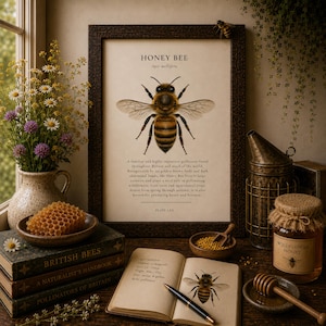 Honungsbitryck | Väggkonst av Apis Mellifera | Biillustration | Naturhistorisk affisch | Biälskare-present | Cottagecore Naturdekor