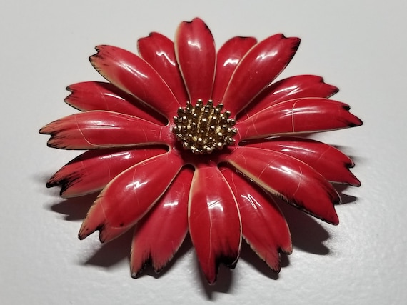Vintage 1960s Red Enamel Daisy Flower Brooch