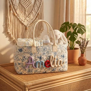 Floral Print Quilted Cotton Diaper & Nappy Caddy, Personalized Rope Name Boho Nursery Organizer