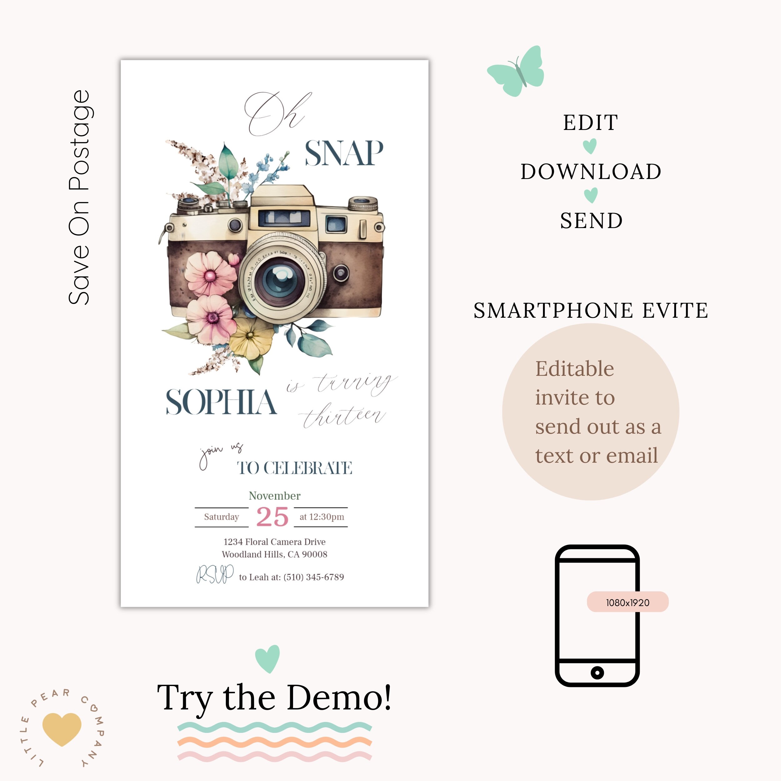 Editable Oh Snap Birthday Invite, Photo Birthday Party Evite Vintage ...