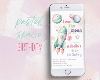 Rocket Ship Outer Space Birthday Invitation, Digital Pastel Space Galaxy Party Invite, Editable Two the Moon Evite Template