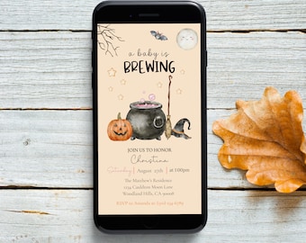 Invitación digital "A Baby is Brewing", baby shower de Halloween, invitación para bebés de género neutro para smartphones