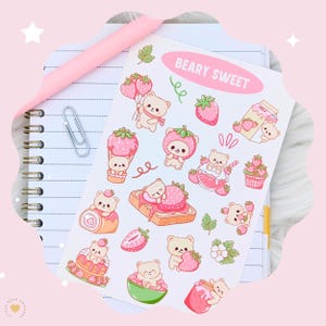 Beary Sweet Strawberry Sticker Sheet, Cute Dessert Bear Stickers, Fruit Teddy Bear Sticker Sheet, Cute Kawaii Stationary
