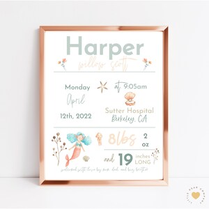 Mermaid Printable Birth Stat Sign, Mermaid Birth Info Stat Sign, Editable Newborn Information Sign, Mermaid Nursery Wall Art