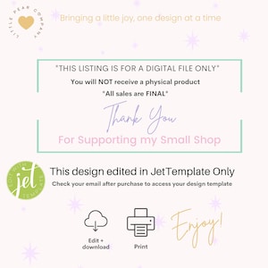 Puede incluir: Una plantilla de dise&ntilde;o gr&aacute;fico descargable digitalmente para editar en Jet Template. La imagen muestra un icono de nube con una flecha de descarga, un icono de impresora y el texto "Edit + download" y "Print". El texto "This design edited in Jet Template Only" y "Check your email after purchase to access your design template" tambi&eacute;n est&aacute; incluido.