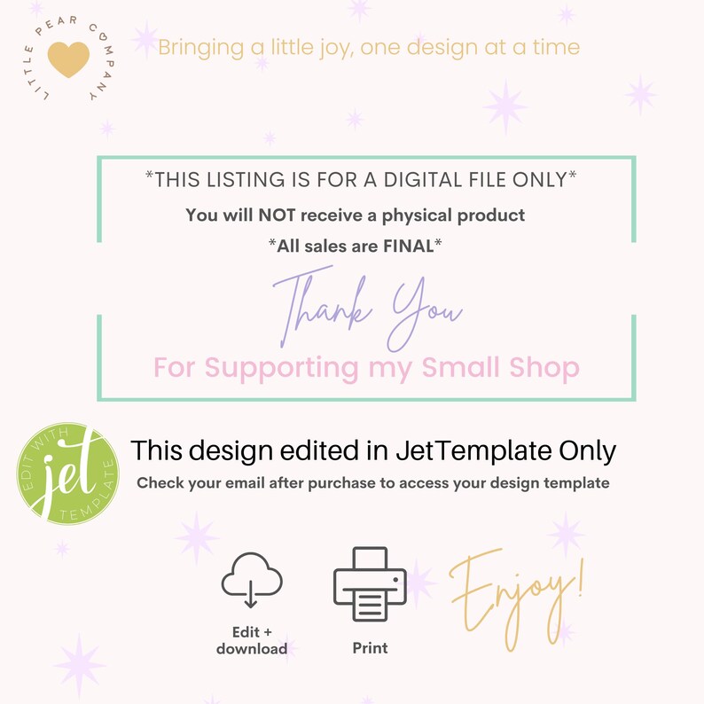 Puede incluir: Una plantilla de dise&ntilde;o gr&aacute;fico descargable digitalmente para editar en Jet Template. La imagen muestra un icono de nube con una flecha de descarga, un icono de impresora y el texto "Edit + download" y "Print". El texto "This design edited in Jet Template Only" y "Check your email after purchase to access your design template" tambi&eacute;n est&aacute; incluido.