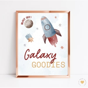 Letrero de cumpleaños del espacio exterior imprimible, letrero de fiesta de mesa con nave espacial y galaxia editable, plantilla de planeta cósmico de otro mundo