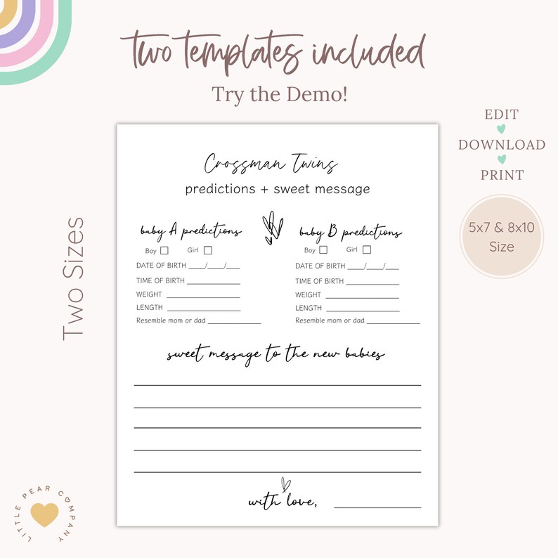 Puede incluir: Tarjeta de juego de baby shower para gemelos imprimible con fondo blanco y texto negro. La tarjeta tiene dos secciones para predicciones sobre cada beb&eacute;, incluyendo su sexo, fecha de nacimiento, hora de nacimiento, peso, longitud y si se parece a su madre o a su padre. La tarjeta tambi&eacute;n incluye una secci&oacute;n para un dulce mensaje para los nuevos beb&eacute;s.