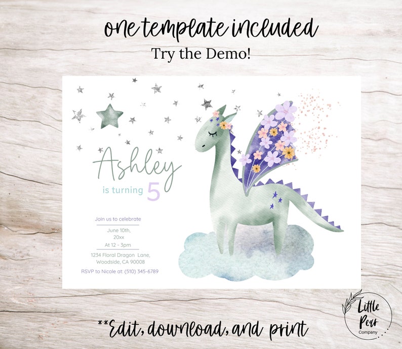 Princess Dragon Birthday Invitation, Princess Party, Printable Dragon ...