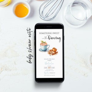 Editable Coffee Baby Brunch Evite, Something Sweet Is Brewing A Baby Is Brewing Invite, Gender Neutral Baby Shower Brunch Evite