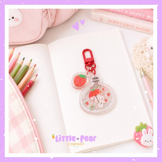 Berry Bunny in a Bottle Holographic Keychain, Rabbit Purse or Backpack Charm, Double Sided Cute Bunny Acrylic Keychain with Strawberry Charm