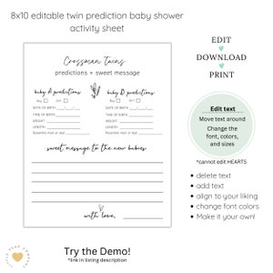 Puede incluir: Hoja de actividad de baby shower para gemelos imprimible con un fondo verde claro. La hoja tiene un t&iacute;tulo que dice "Predicciones de los gemelos Crossman + mensaje dulce". Hay dos secciones para las predicciones del beb&eacute; A y del beb&eacute; B, con casillas de verificaci&oacute;n para ni&ntilde;o o ni&ntilde;a, y l&iacute;neas para la fecha de nacimiento, la hora de nacimiento, el peso, la longitud y el parecido con mam&aacute; o pap&aacute;. Hay un espacio para un mensaje dulce para los nuevos beb&eacute;s. La hoja tambi&eacute;n incluye el texto "con amor" y "&iexcl;Prueba la demo! *enlace en la descripci&oacute;n del listado".