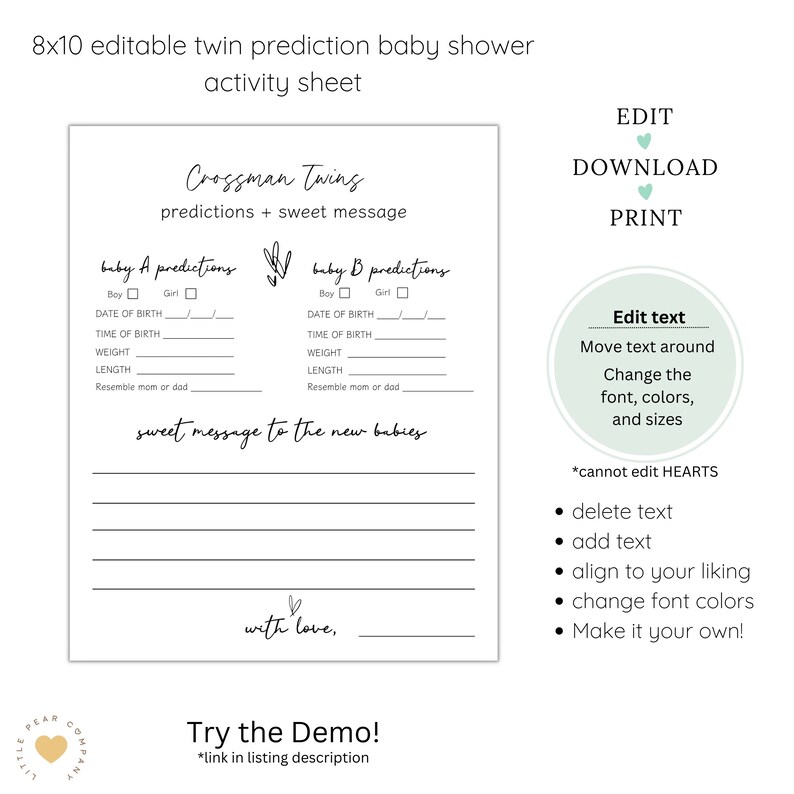 Puede incluir: Hoja de actividad de baby shower para gemelos imprimible con un fondo verde claro. La hoja tiene un t&iacute;tulo que dice "Predicciones de los gemelos Crossman + mensaje dulce". Hay dos secciones para las predicciones del beb&eacute; A y del beb&eacute; B, con casillas de verificaci&oacute;n para ni&ntilde;o o ni&ntilde;a, y l&iacute;neas para la fecha de nacimiento, la hora de nacimiento, el peso, la longitud y el parecido con mam&aacute; o pap&aacute;. Hay un espacio para un mensaje dulce para los nuevos beb&eacute;s. La hoja tambi&eacute;n incluye el texto "con amor" y "&iexcl;Prueba la demo! *enlace en la descripci&oacute;n del listado".