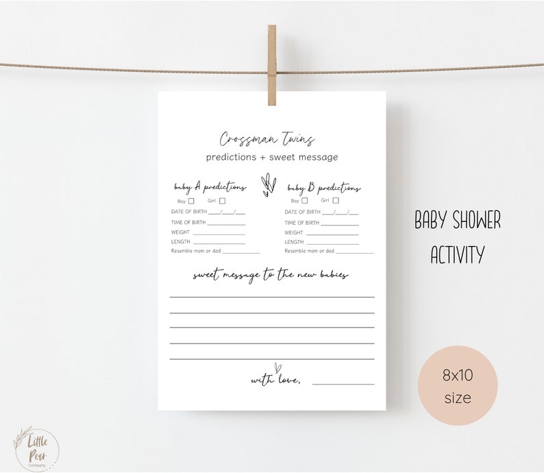 Puede incluir: Tarjeta de actividad de baby shower imprimible con un dise&ntilde;o en blanco y negro. La tarjeta tiene dos secciones para que los invitados puedan predecir los detalles de los gemelos, incluyendo su sexo, fecha de nacimiento, hora de nacimiento, peso, longitud y si se parecen a la madre o al padre. La tarjeta tambi&eacute;n incluye un espacio para que los invitados puedan escribir un mensaje dulce a los nuevos beb&eacute;s.