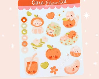 Cat Sticker Sheet, Kitty Stickers, Kawaii Cat Stickers, Orange Citrus Themed Stickers, Aesthetic Student Gift