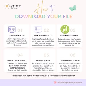Puede incluir: Una infograf&iacute;a colorida con seis pasos sobre c&oacute;mo descargar y editar una plantilla. Los pasos est&aacute;n numerados del 1 al 6 e incluyen texto como "Enlace a la plantilla", "Abrir la plantilla", "Editar en JetTemplate", "Descargar el archivo", "Consejo de descarga" y "Texto o correo electr&oacute;nico. &iexcl;Disfruta!"