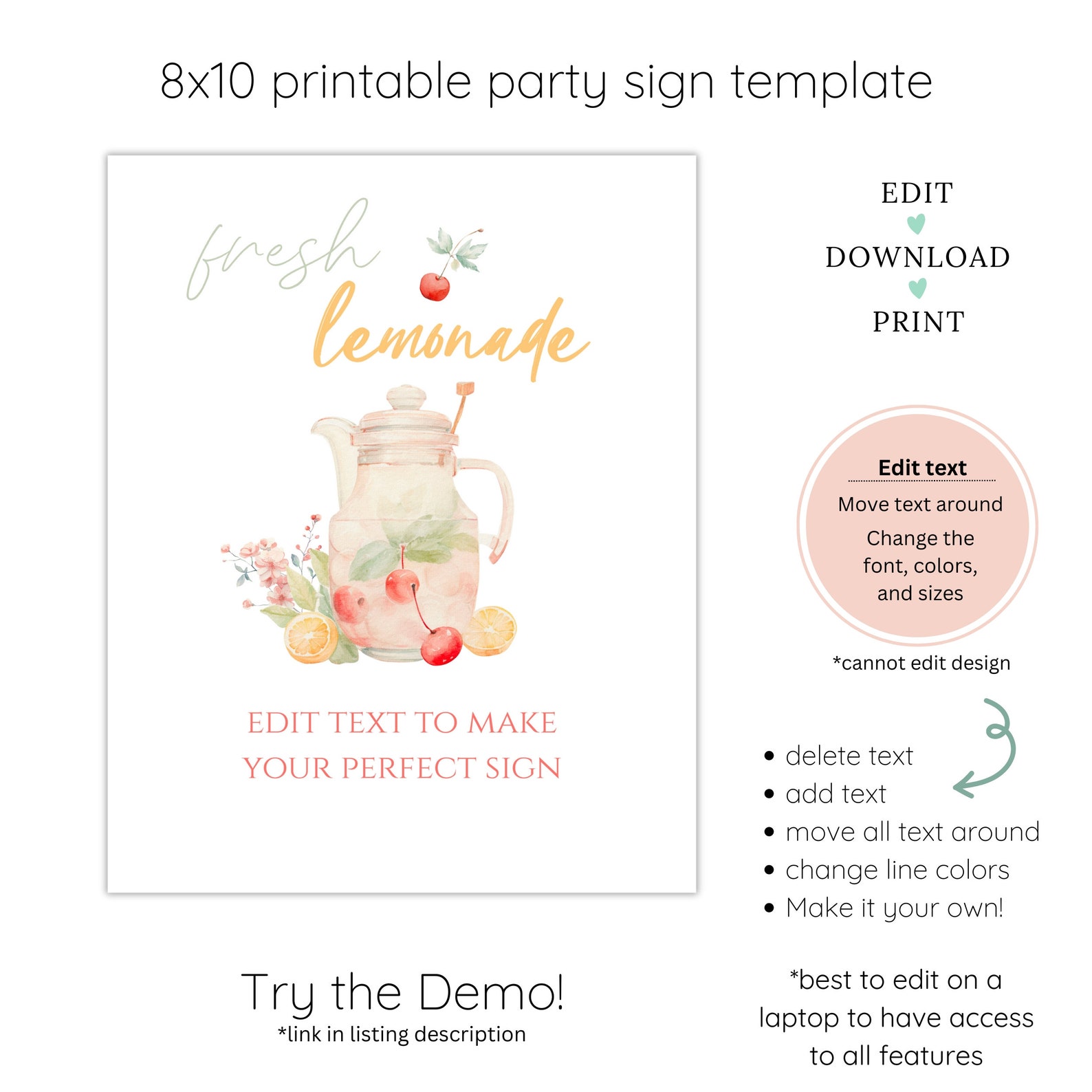 Printable Lemonade Party Sign, Editable Lemonade Bar Sign, Brunch ...