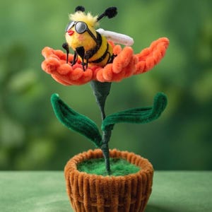 Handmade Wool Felt Bee on Flower Figurine | Sunglasses, Chenille, Desk Decor