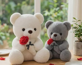 oft Teddy Bear Plush with Flowers – Romantic Stuffed Animal, Cozy Decorative