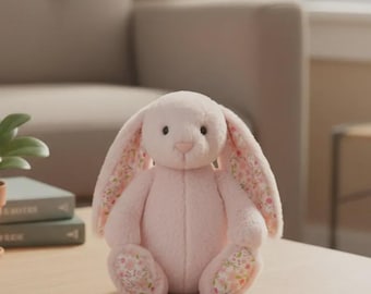 Floral Bunny Plush Toy, Pink Rabbit Stuffed Animal, Soft Nursery Decor