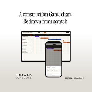 May include: A construction Gantt chart displayed on a computer monitor and a smartphone. The text on the screen shows project tasks and timelines. The image includes the text "A construction Gantt chart. Redrawn from scratch."