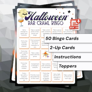 Puede incluir: Una hoja de juego Halloween Bar Crawl Bingo con una cuadrícula de tareas, luna llena, murciélagos e ilustración de copa de cóctel. El documento incluye texto para 50 Bingo Cards, 2-Up Cards, Instructions y Toppers, con un icono PDF rojo.