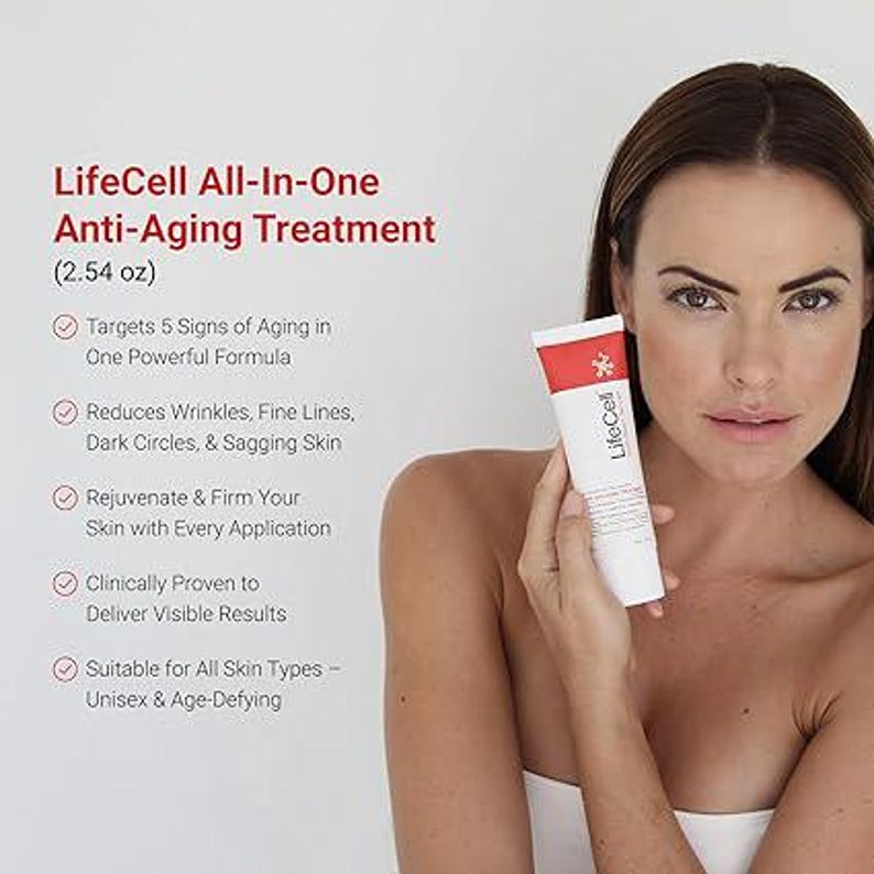 Pu&ograve; includere: Un tubetto bianco e rosso di trattamento anti-et&agrave; LifeCell All-In-One, 75 ml. La confezione riporta il nome del marchio LifeCell e un testo che descrive benefici come la riduzione di rughe, linee sottili, occhiaie e rilassamento cutaneo in una formula.