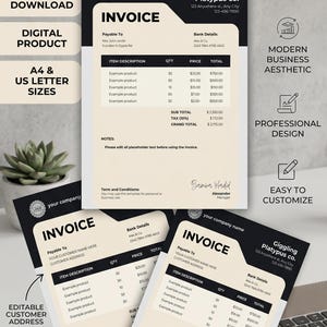 May include: Editable Canva invoice template with a modern business aesthetic. Features instant download, digital product, and A4 & US letter sizes. Includes sections for item description, quantity, price, and total. Easy to customize and designed for professional use.