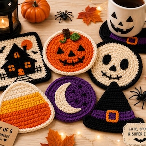 May include: A set of six crocheted coasters featuring Halloween designs including a haunted house, a jack-o'-lantern, a skull, candy corn, a crescent moon, and a witch hat. A brown tag reads SET OF 6 HANDMADE WITH and a sign reads CUTE, SPOOKY & SUPER EASY!